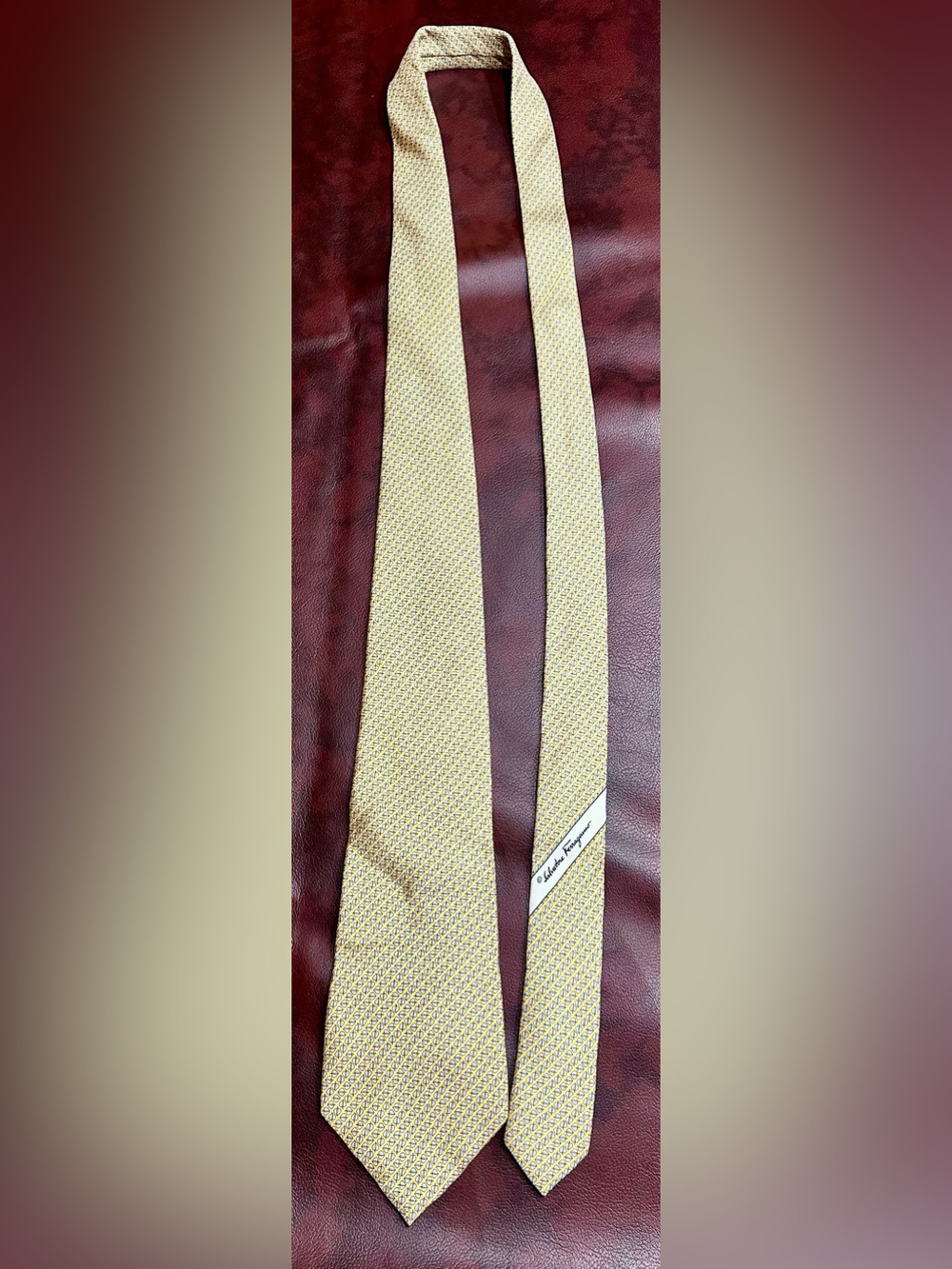 Salvatore Ferragamo Yellow Silk w/ blue and gray accents Tie. Authentic.